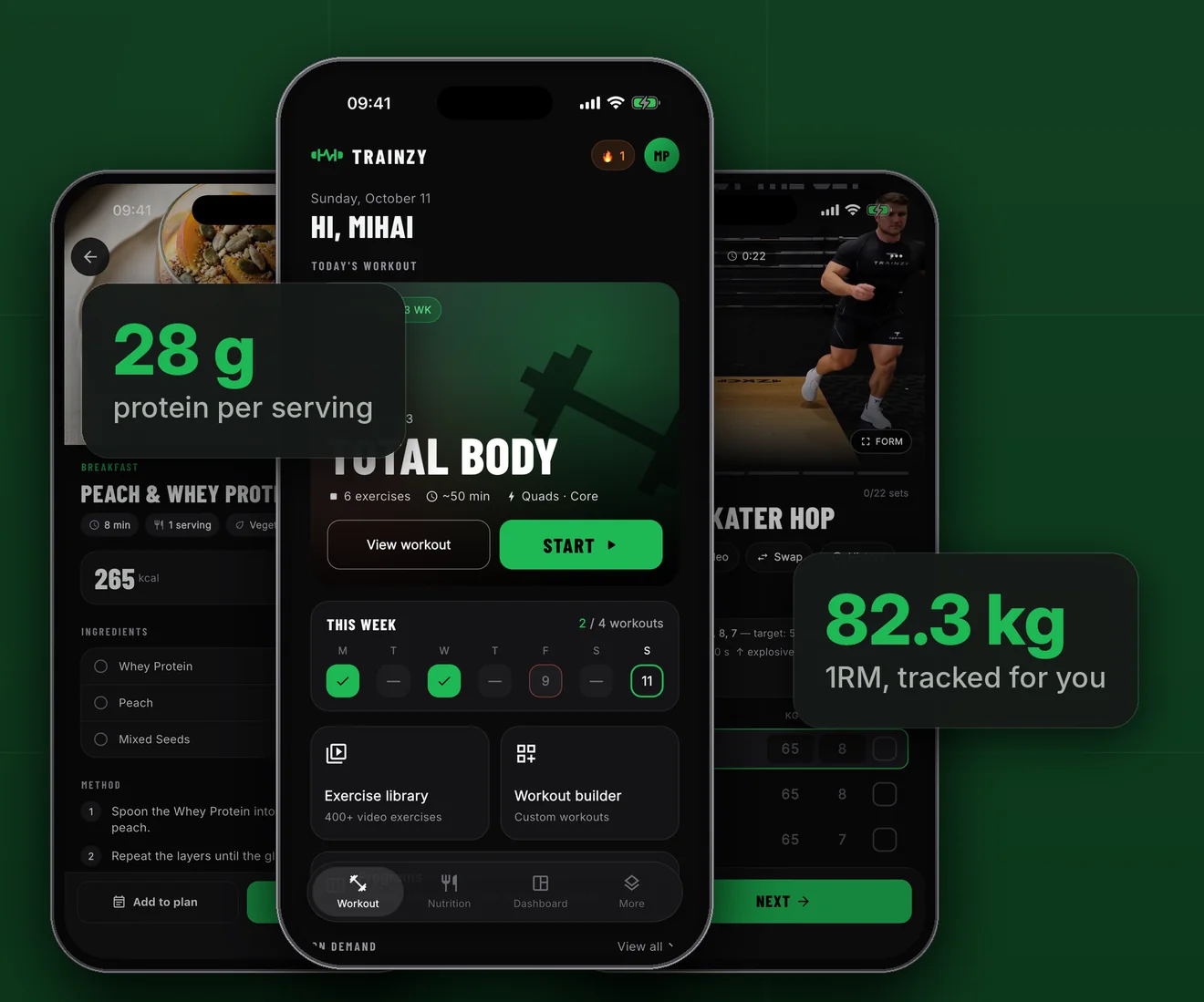 Trainzy app screens: today, recipe, exercise
